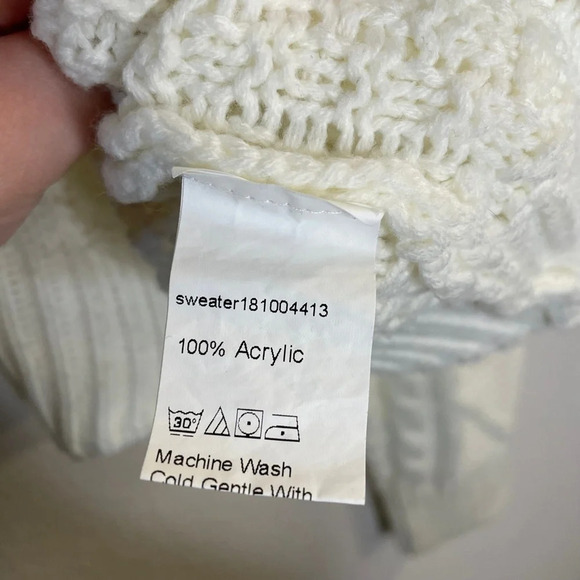 Ivory Chunky Cable Knit Cropped Zig Zag Hem Turtleneck Crochet Sweater Size M - Picture 13 of 15